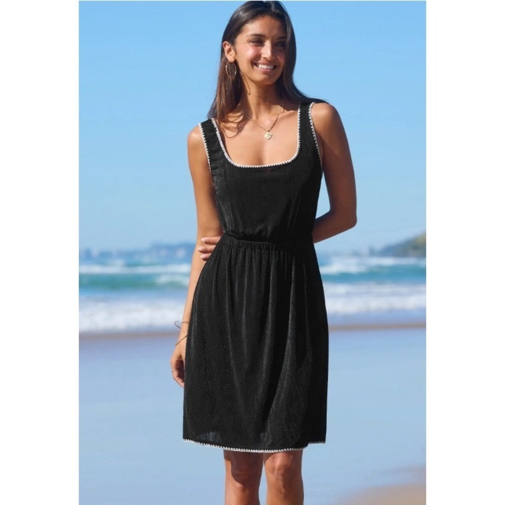Cupshe Black Mini Dress Swim Cover Up Ric Rac Trim Low Scoop Back Size Large‎